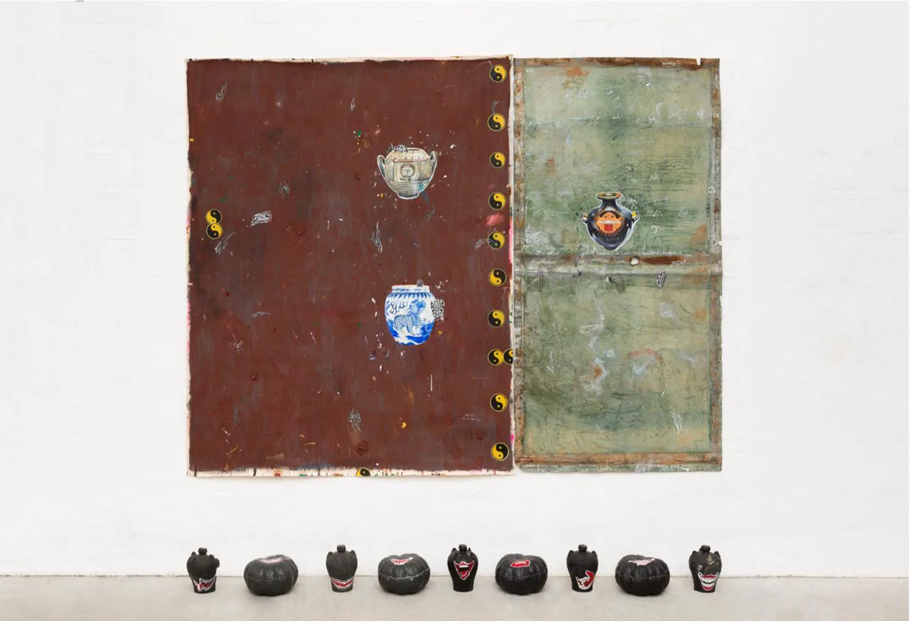 Paulo Nimer Pjota, Smile, 2018, acrylic, synthetic enamel, oil on iron plate and canvas, and resin objects, 200 × 250 cm