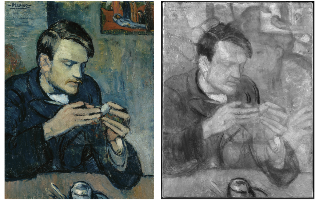 Esquerda: Pablo Picasso, Retrato de Mateu Fernández de Soto (1901). Foto cortesia da coleção Oskar Reinhart ‘Am Römerholz’, Winterthur, Suíça. À direita: Imagem infravermelha de Picasso, Retrato de Mateu Fernández de Soto (1901) pelo departamento de conservação do Courtauld Institute of Art, Londres. Foto via Artnet.