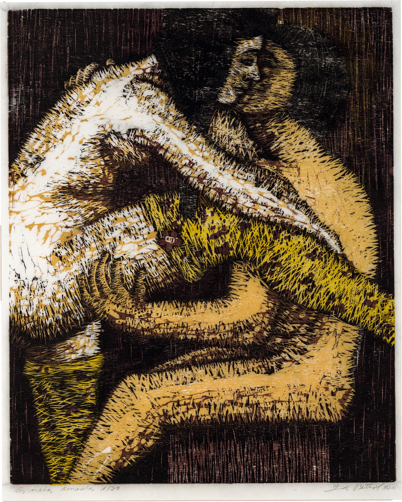 Meias amarelas, xilogravura, por Zoravia Bettiol