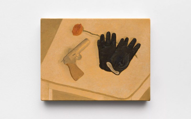 Paula Siebra Mesa de cabeceira com revólver, luvas e flor, 2025. Courtesy of Mendes Wood DM.